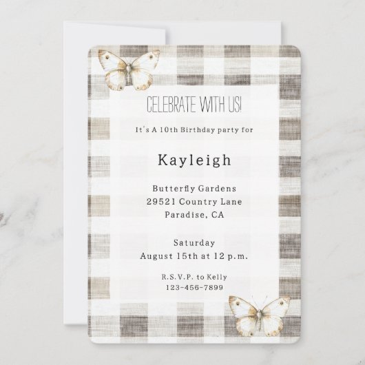 バタフライクリームプレイドストライプ誕生日 招待状 (正面)