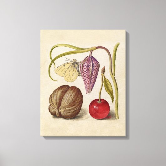 バタフライクルミ花さくらんぼ水彩アート キャンバスプリント (正面)