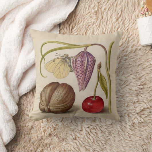 バタフライクルミ花さくらんぼ水彩アート クッション (ブランケット)