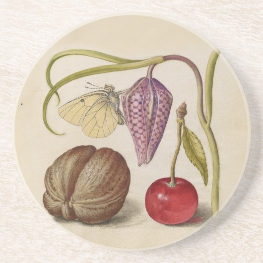 バタフライクルミ花さくらんぼ水彩アート コースター (正面)