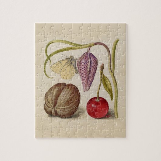 バタフライクルミ花さくらんぼ水彩アート ジグソーパズル (縦)