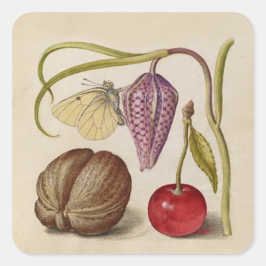 バタフライクルミ花さくらんぼ水彩アート スクエアシール (正面)