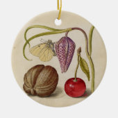 バタフライクルミ花さくらんぼ水彩アート セラミックオーナメント (正面)