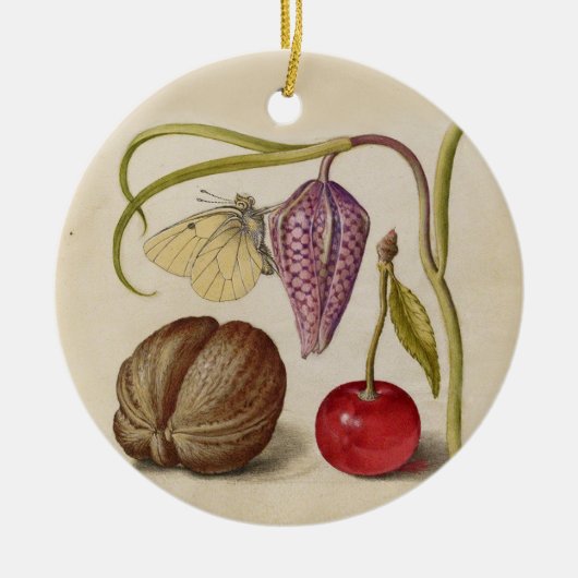 バタフライクルミ花さくらんぼ水彩アート セラミックオーナメント (正面)