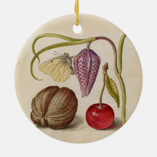 バタフライクルミ花さくらんぼ水彩アート セラミックオーナメント (裏面)
