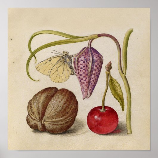 バタフライクルミ花さくらんぼ水彩アート ポスター (正面)