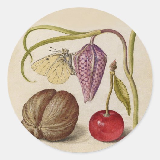 バタフライクルミ花さくらんぼ水彩アート ラウンドシール (正面)