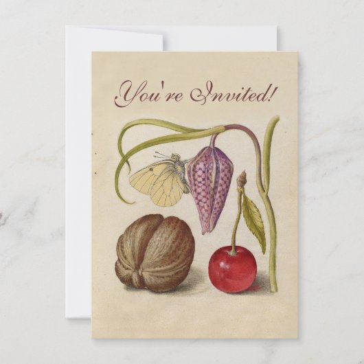 バタフライクルミ花さくらんぼ水彩アート 招待状 (正面)