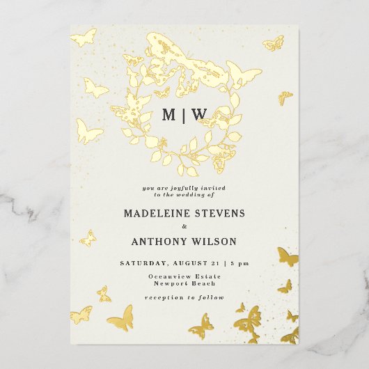 バタフライクレストアイボリー金ゴールドモノグラム結婚ズ 箔招待状 (正面)