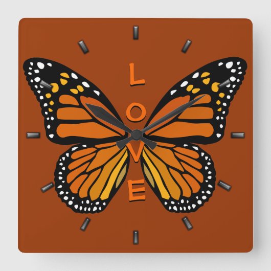 バタフライクロックバタフライウォールクロック(昆虫)オオカバマダラ、モナークギフト スクエア壁時計 (正面)