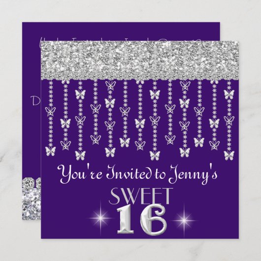 バタフライグリッタースイート16ダークパープル招待状 招待状 (正面/裏面)