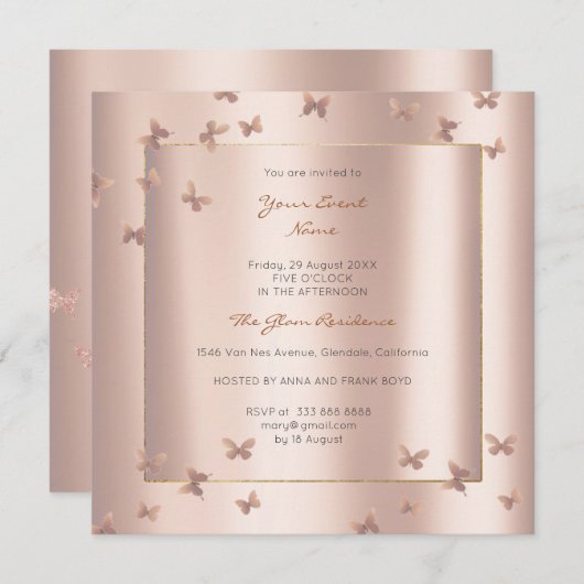 バタフライグレーオリエンタル赤面パールピンクのバラ 招待状 (正面/裏面)