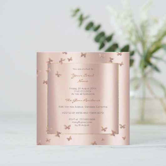 バタフライグレーオリエンタル赤面パールピンクのバラ 招待状 (スタンド正面)