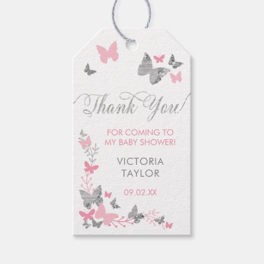 バタフライサンキューラベル、ピンク、シルバー ギフトタグ (正面)