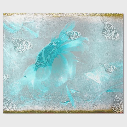 バタフライサンフラワーティール(緑がかった色)シルバーヴィンテージアンティーク ラッピングペーパー (フラット)