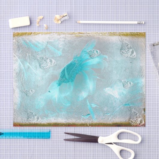 バタフライサンフラワーティール(緑がかった色)シルバーヴィンテージアンティーク 薄葉紙 (クラフト)