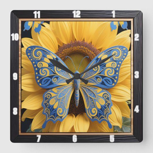 バタフライサンフラワー自然 スクエア壁時計 (正面)