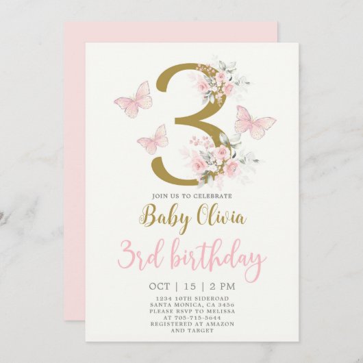 バタフライサードバースデー招待状 招待状 (正面/裏面)