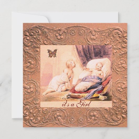 バタフライシャンパン付きピンクの女の子の赤ちゃんシャワー 招待状 (正面)