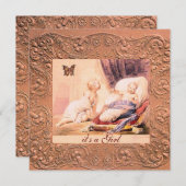 バタフライシャンパン付きピンクの女の子の赤ちゃんシャワー 招待状 (正面/裏面)