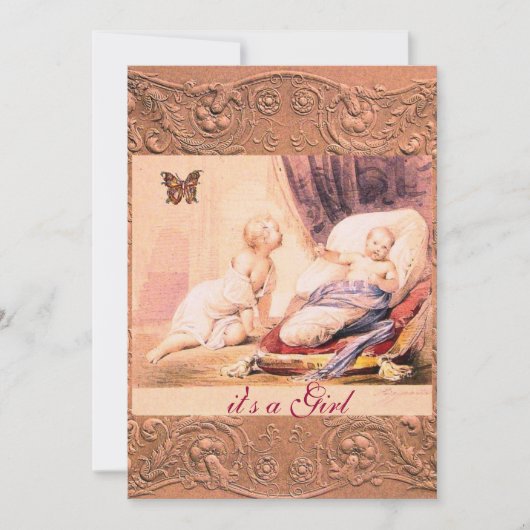 バタフライシャンパン付きピンクの女の子の赤ちゃんシャワー 招待状 (正面)