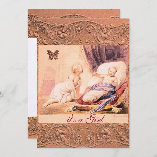 バタフライシャンパン付きピンクの女の子の赤ちゃんシャワー 招待状 (正面/裏面)