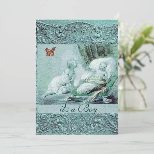 バタフライシャンパン付きブルーボーイ赤ちゃんシャワー 招待状 (スタンド正面)