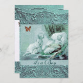 バタフライシャンパン付きブルーボーイ赤ちゃんシャワー 招待状 (正面/裏面)