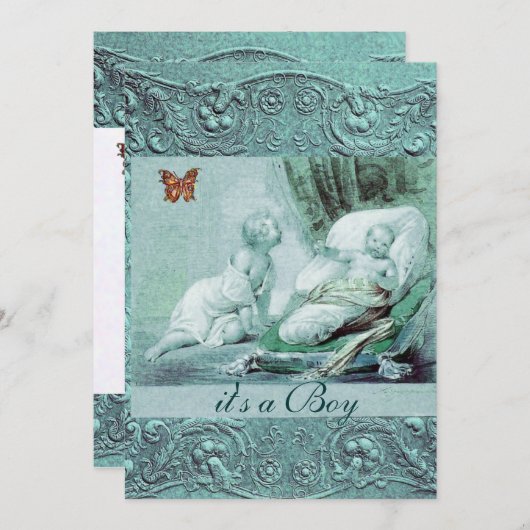 バタフライシャンパン付きブルーボーイ赤ちゃんシャワー 招待状 (正面/裏面)