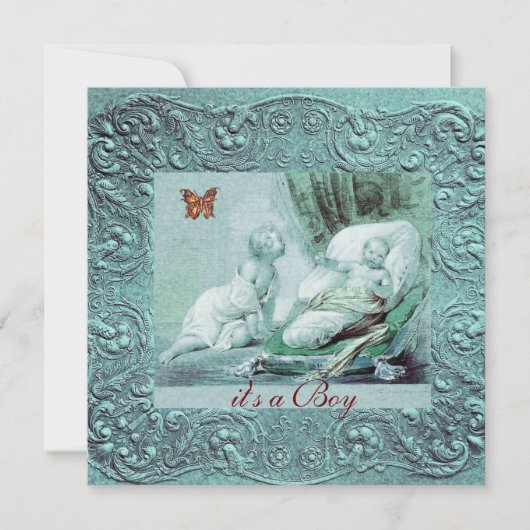 バタフライシャンパン付きブルーボーイ赤ちゃんシャワー 招待状 (正面)