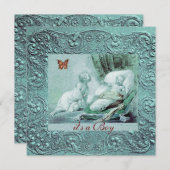 バタフライシャンパン付きブルーボーイ赤ちゃんシャワー 招待状 (正面/裏面)