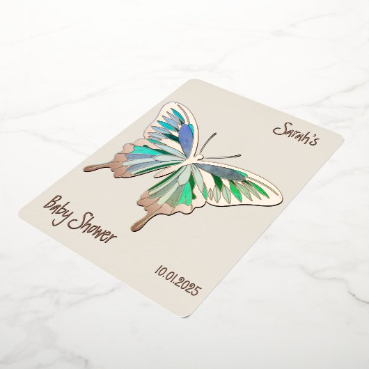 バタフライスイートパレットベビーシャワーバラ金ゴールド 箔招待状 (回転した状態)