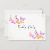 バタフライスカイコーラルピンク金ゴールド紙吹雪RSVPカード 出欠カード (正面)