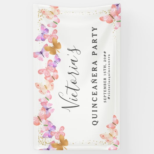 バタフライスカイコーラルピンク金ゴールド蝶パーティー 横断幕 (縦)