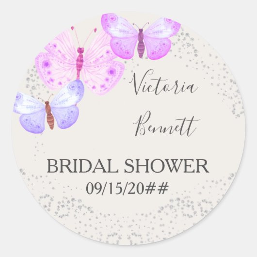 バタフライスカイピンクシルバー紙吹雪フェイスシール ラウンドシール (正面)