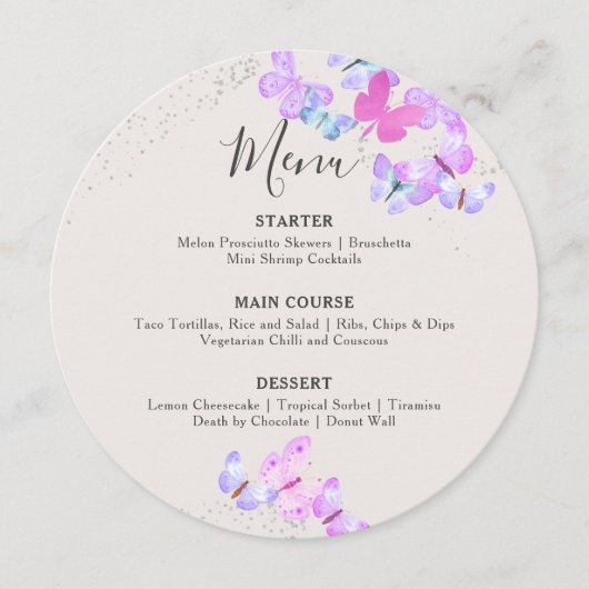 バタフライスカイピンクシルバー紙吹雪ラウンド メニュー (正面)