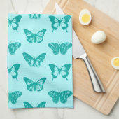 バタフライスケッチ、アクアとターコイズ キッチンタオル (四つ折り)