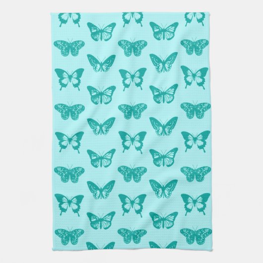 バタフライスケッチ、アクアとターコイズ キッチンタオル (縦)