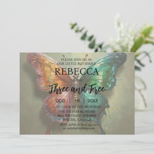 バタフライスリーアンドフリー誕生日招待状 招待状 (スタンド正面)