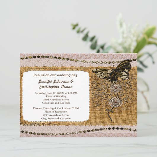 バタフライズビーズレース&バーラップ結婚式招待状 招待状 (スタンド正面)