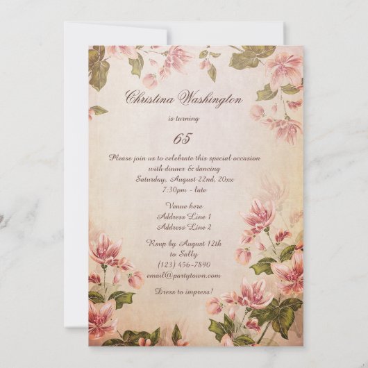 バタフライズ&ヴィンテージアーモンドブラッサム65th誕生日 招待状 (裏面)