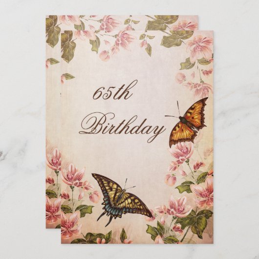 バタフライズ&ヴィンテージアーモンドブラッサム65th誕生日 招待状 (正面/裏面)