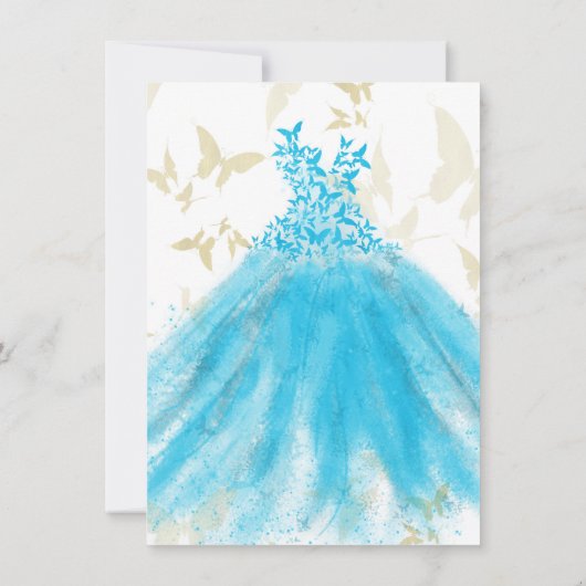 バタフライダンスアクアブルードレス金ゴールドスウィート16 招待状 (裏面)