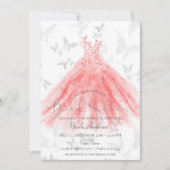 バタフライダンスコーラルスパークルドレスブライダルシャワー 招待状 (正面)