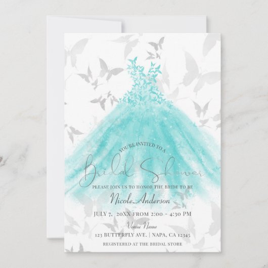 バタフライダンスターコイズドレスブライダルシャワー 招待状 (正面)