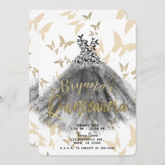 バタフライダンスドレスブラック&金ゴールドキンセアニラ15 招待状 (正面/裏面)