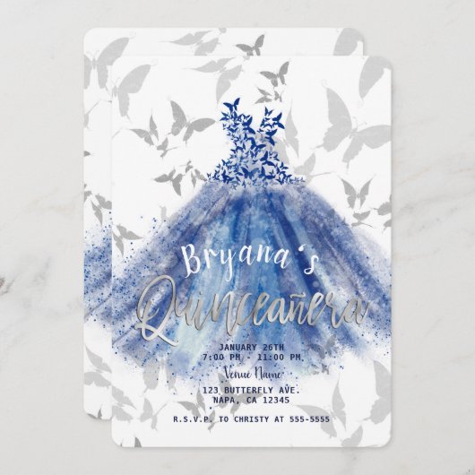 バタフライダンスブルードレスシルバーキンセアニラ15 招待状 (正面/裏面)