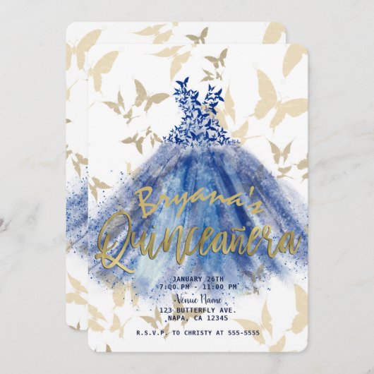 バタフライダンスブルードレス金ゴールドキンセアニラ15 招待状 (正面/裏面)