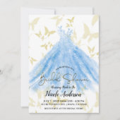 バタフライダンスブルードレス金ゴールドブライダルシャワーインヴィ 招待状 (正面)