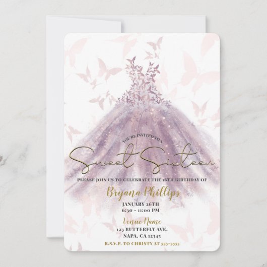 バタフライダンスマウブスパークルドレス金ゴールドスウィート16 招待状 (正面)